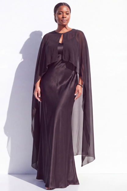 Brown Satin Sheath Plus Size Mother of the Bride Dress with Cape