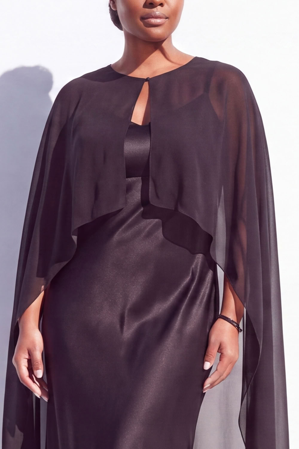 Brown Satin Sheath Plus Size Mother of the Bride Dress with Cape