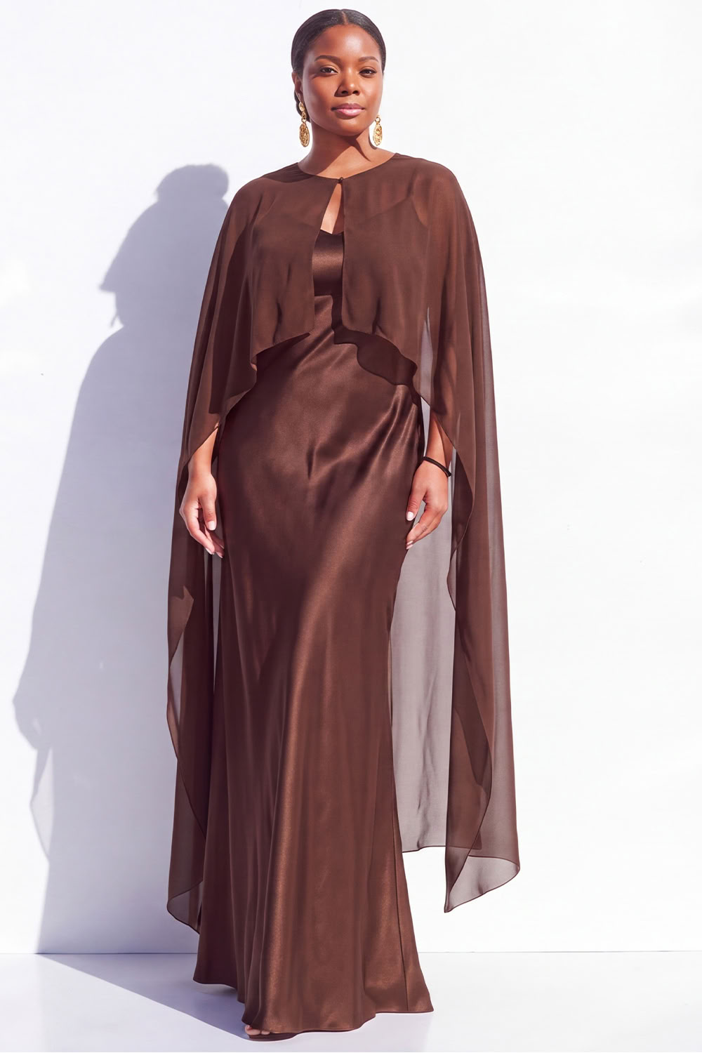 Dressself Women Brown Plus Size Mother of the Bride Dress with Cape Satin Spaghetti Straps Sheath Maxi Wedding Guest Dress
