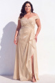 Plus Size Glitter Off the Shoulder Ruched Ruffle Champagne Formal Dress with Slit