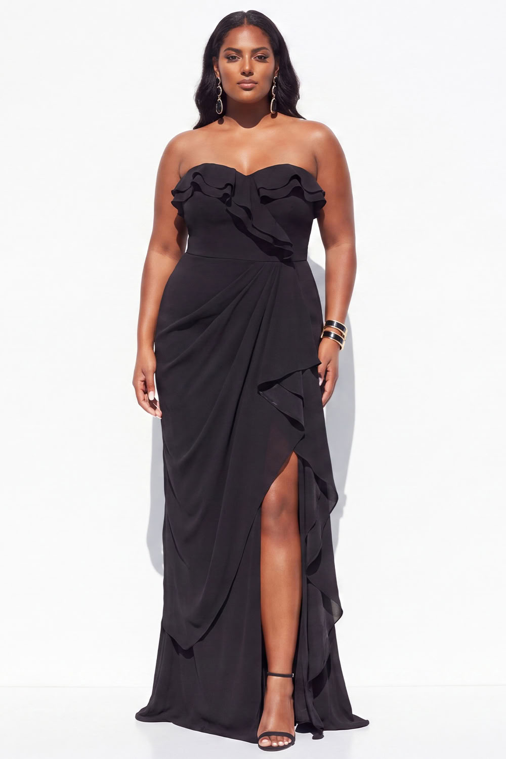 Dressself Women Strapless Black Plus Size Formal Dress with Slit Ruffled Mermaid Chiffon Long Evening Dress