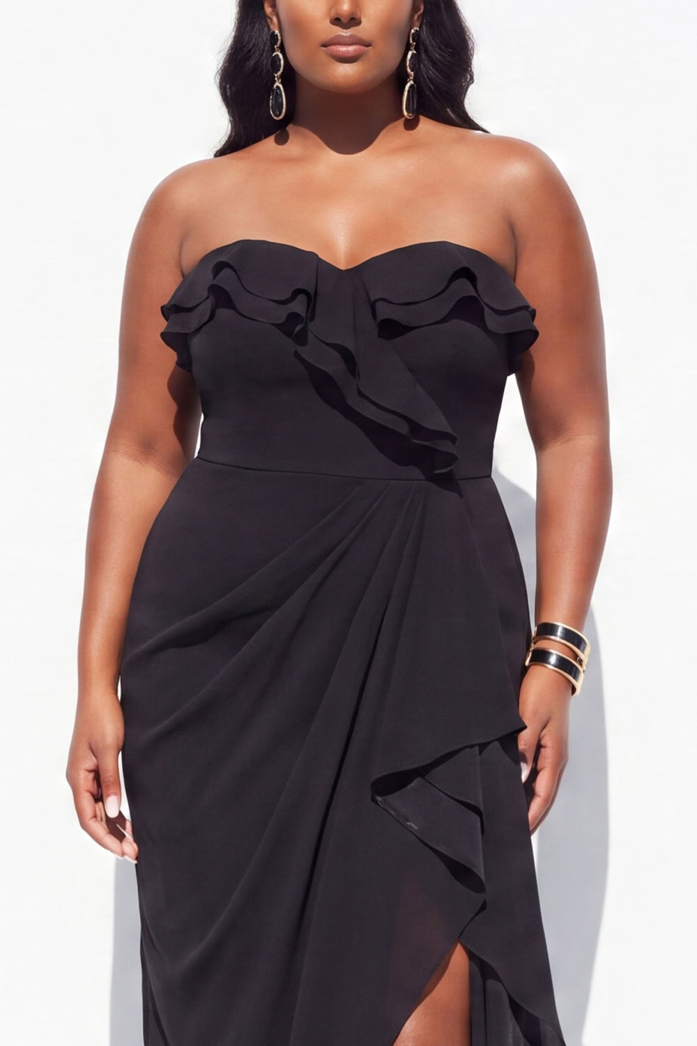 Strapless Ruffled Black Plus Size Mermaid Long Formal Dress with Slit