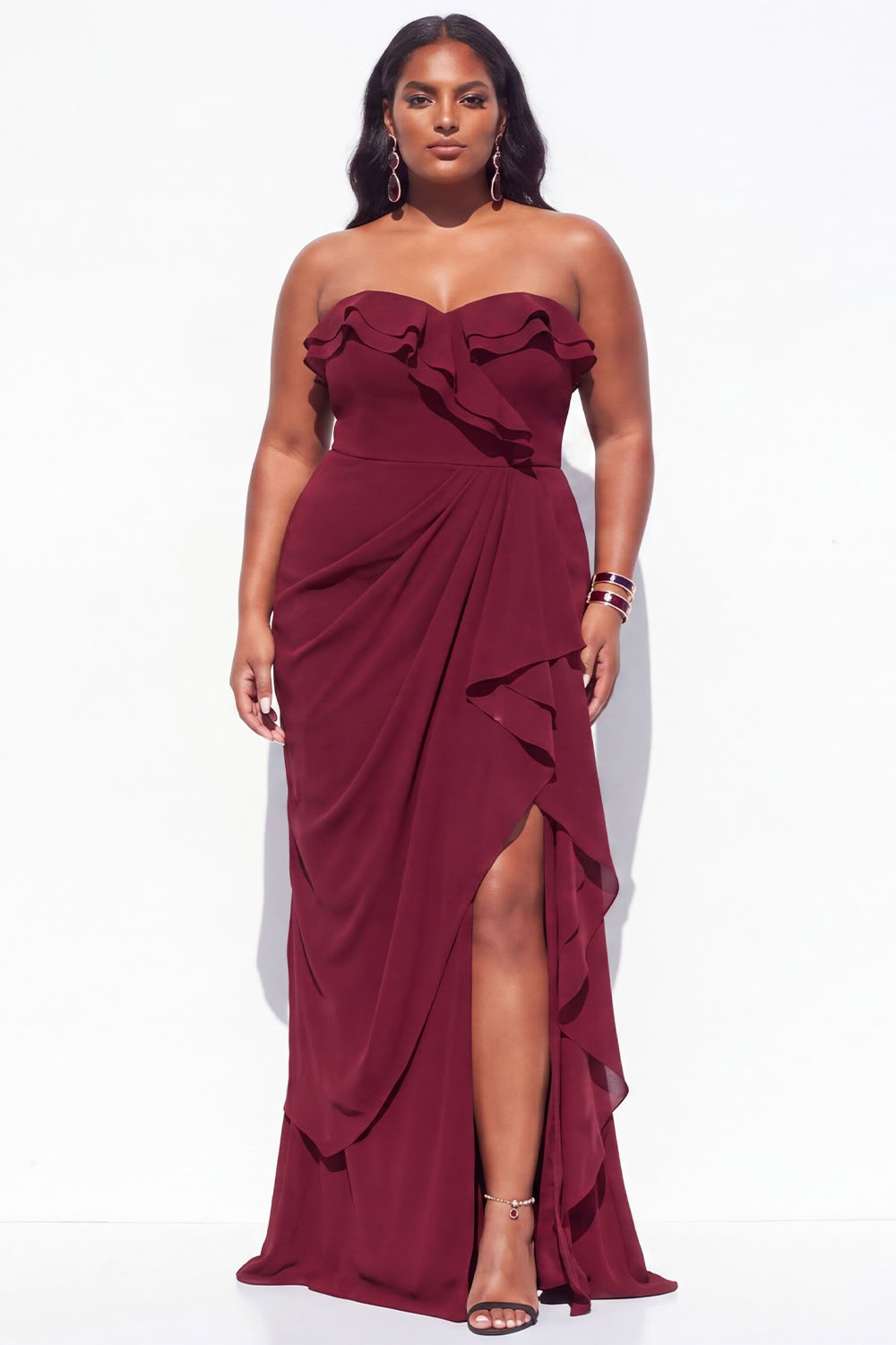 Strapless Ruffled Black Plus Size Mermaid Long Formal Dress with Slit