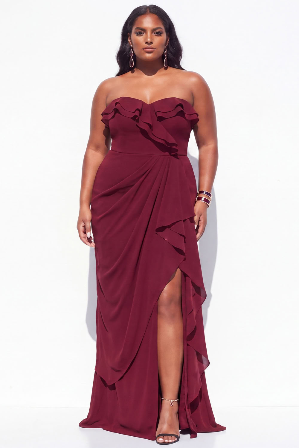 Strapless Ruffled Black Plus Size Mermaid Long Formal Dress with Slit