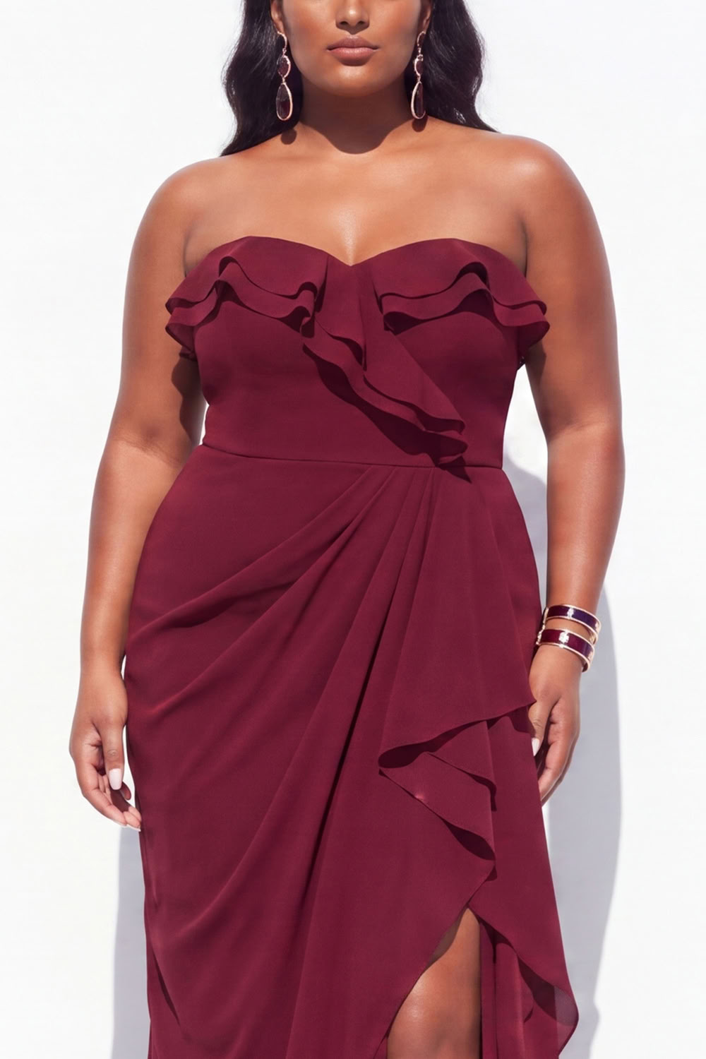 Strapless Ruffled Black Plus Size Mermaid Long Formal Dress with Slit