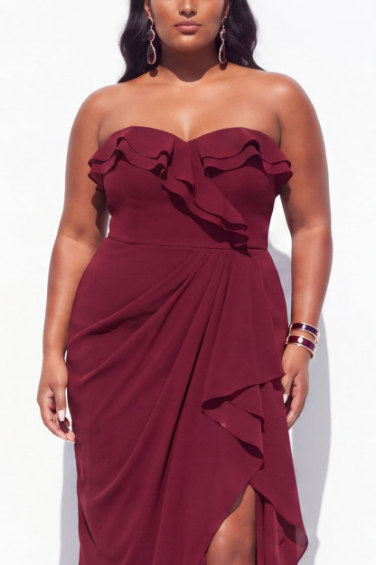 Strapless Ruffled Black Plus Size Mermaid Long Formal Dress with Slit