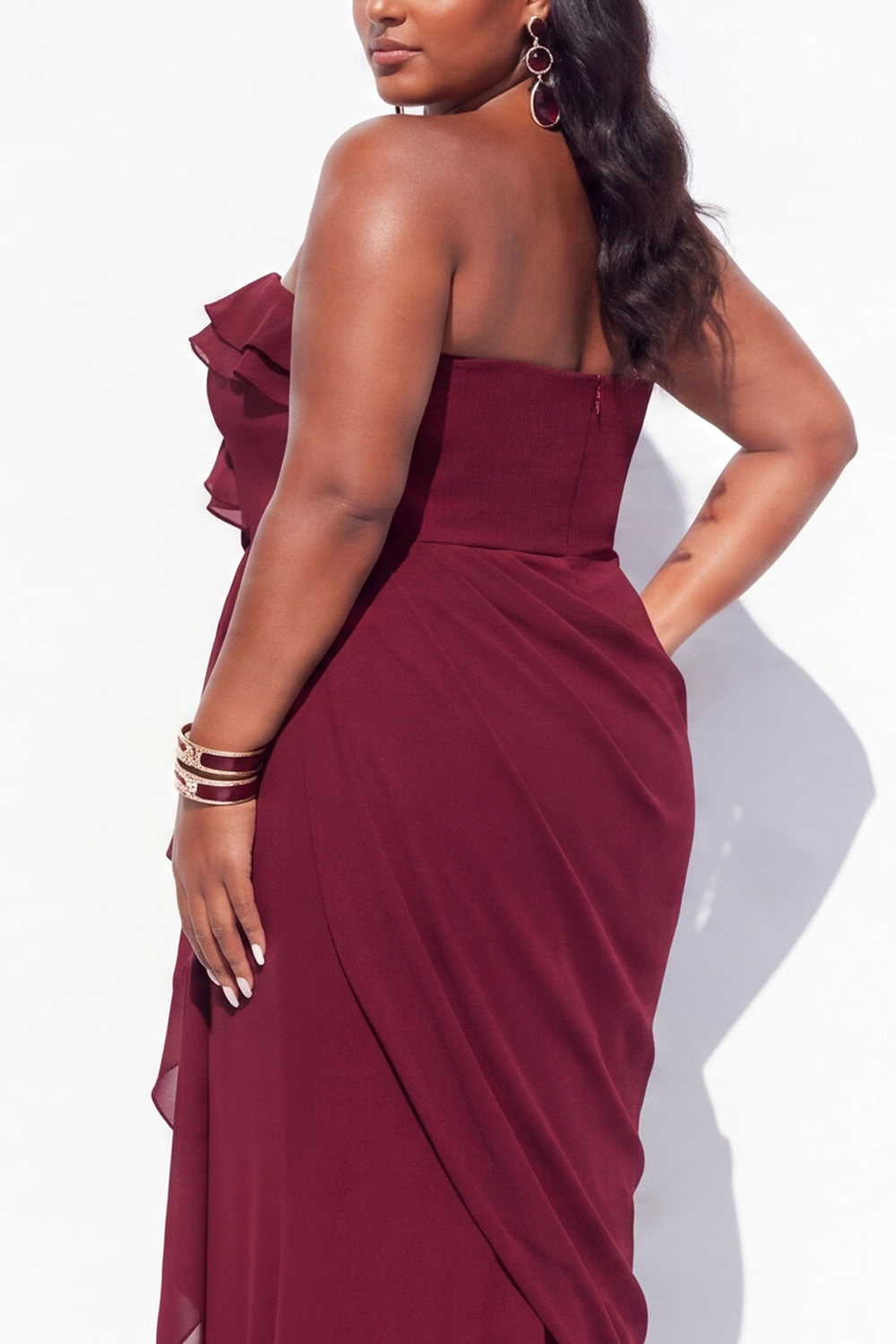 Strapless Ruffled Black Plus Size Mermaid Long Formal Dress with Slit