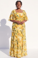 Yellow Floral Ruffle A Line Plus Size Wedding Guest Dress with Flutter Sleeves 