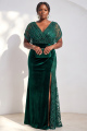 Plus Size Dark Green Velvet Sequin Beaded Mother of the Bride Dress with Slit