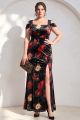 Black Red Rose Floral Sheath Velvet Plus Size Wedding Guest Dress with Slit