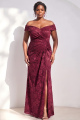 Off the Shoulder Burgundy Lace Plus Size Ruched Long Mother of the Bride Dress with Slit