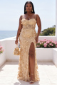 Champagne Plus Size Corset Sheath 3D Petal Sequin Long Prom Dress with Slit