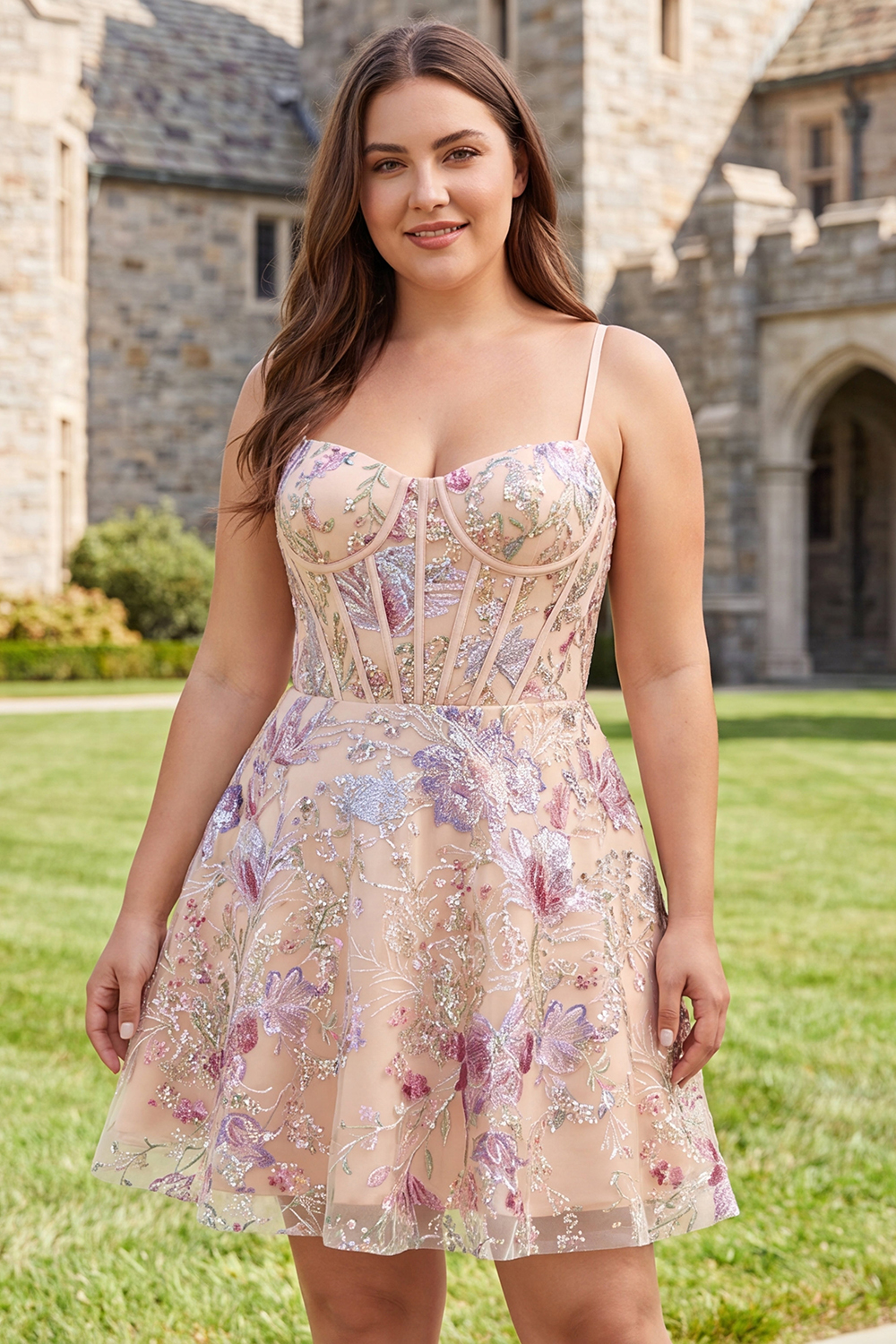 Champagne A Line Embroidered Floral Plus Size Homecoming Dress