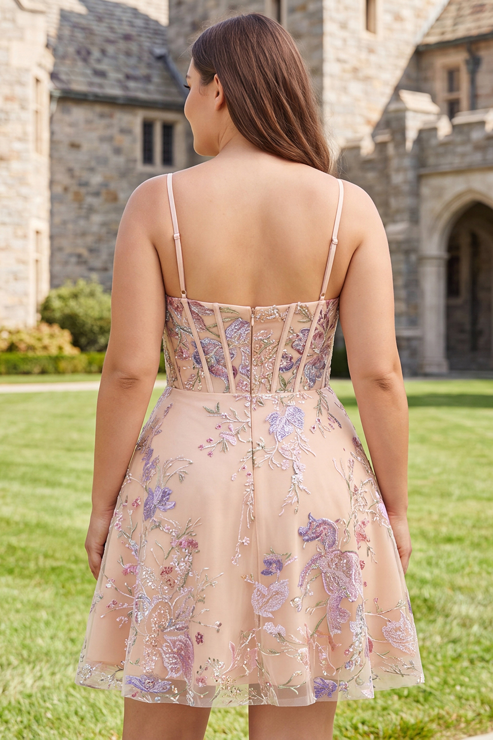 Champagne A Line Embroidered Floral Plus Size Homecoming Dress