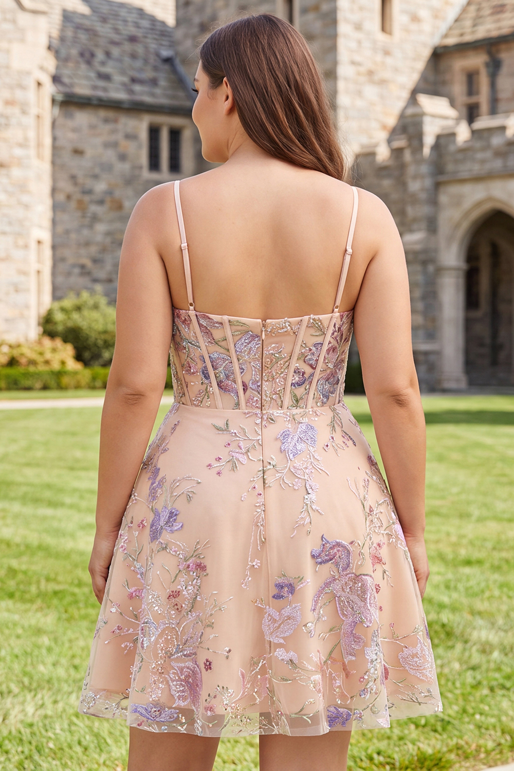 Champagne A Line Embroidered Floral Plus Size Homecoming Dress