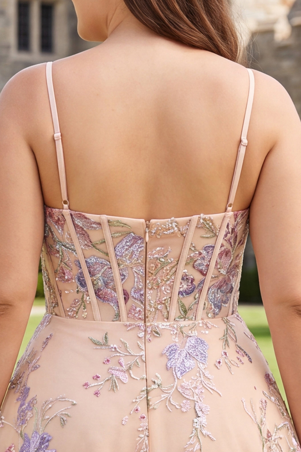 Champagne A Line Embroidered Floral Plus Size Homecoming Dress