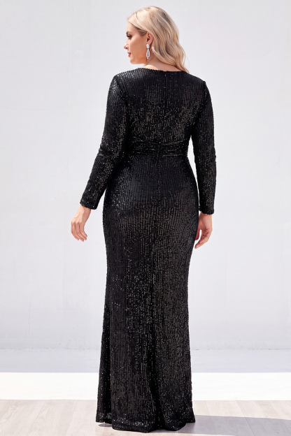Sparkly Black V-Neck Sequins Plus Size Long Mother of the Bride Dress with Long Sleeves 