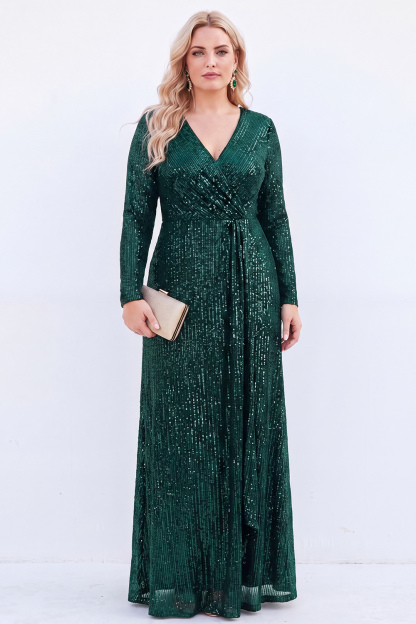 Sparkly Black V-Neck Sequins Plus Size Long Mother of the Bride Dress with Long Sleeves 