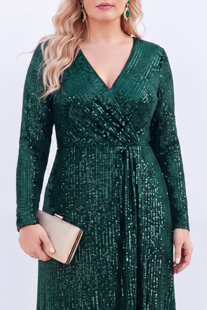 Sparkly Black V-Neck Sequins Plus Size Long Mother of the Bride Dress with Long Sleeves 