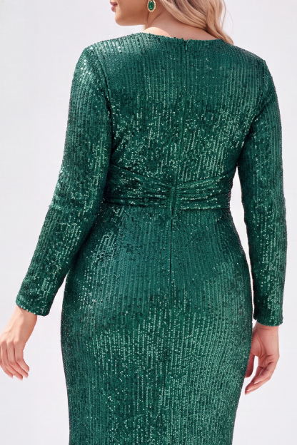 Sparkly Black V-Neck Sequins Plus Size Long Mother of the Bride Dress with Long Sleeves 