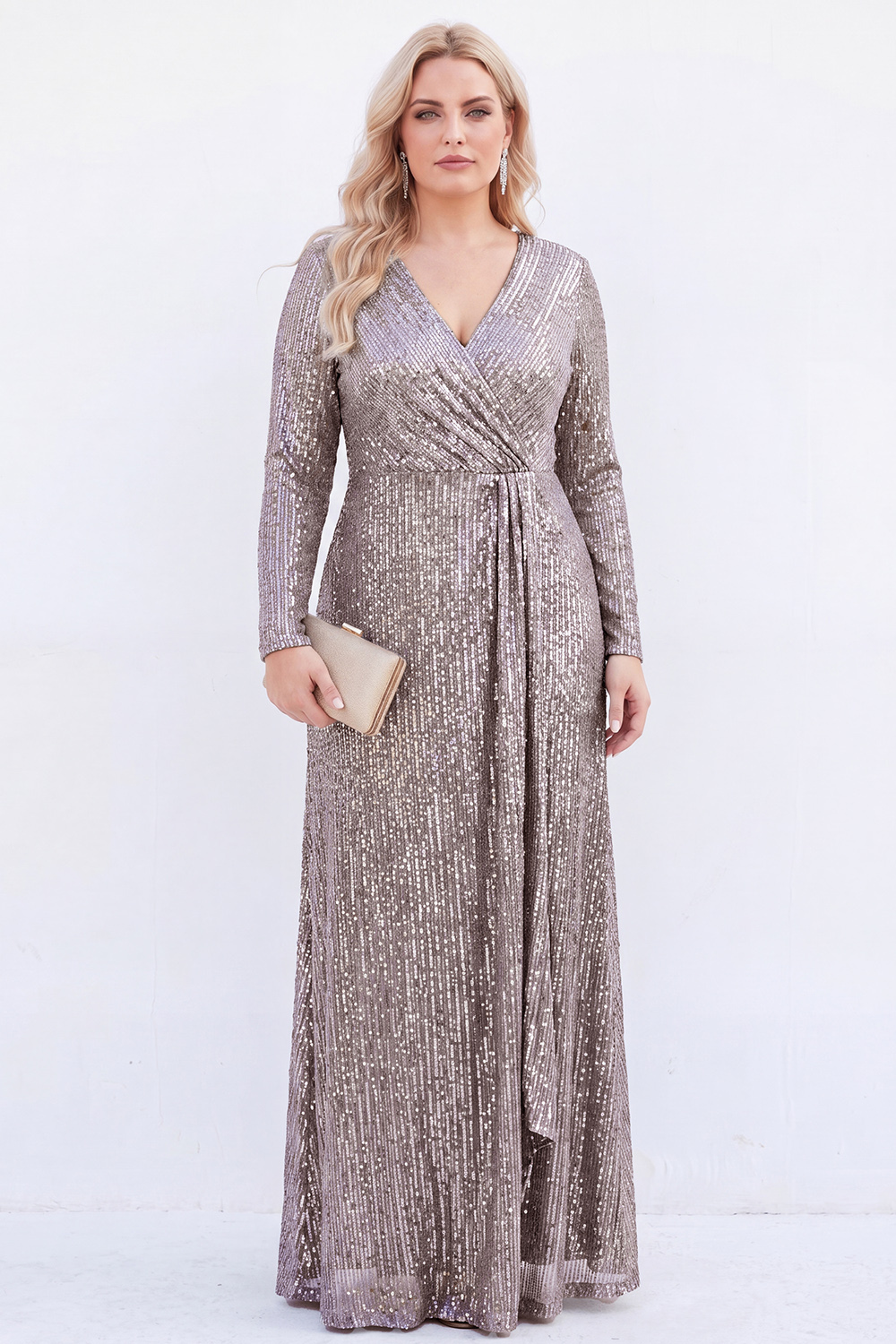 Sparkly Black V-Neck Sequins Plus Size Long Mother of the Bride Dress with Long Sleeves 