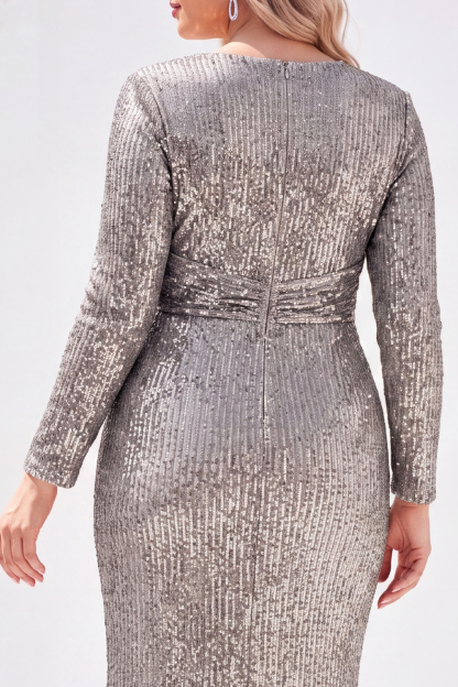 Sparkly Black V-Neck Sequins Plus Size Long Mother of the Bride Dress with Long Sleeves 