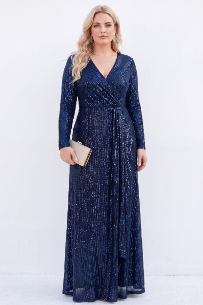 Sparkly Black V-Neck Sequins Plus Size Long Mother of the Bride Dress with Long Sleeves 