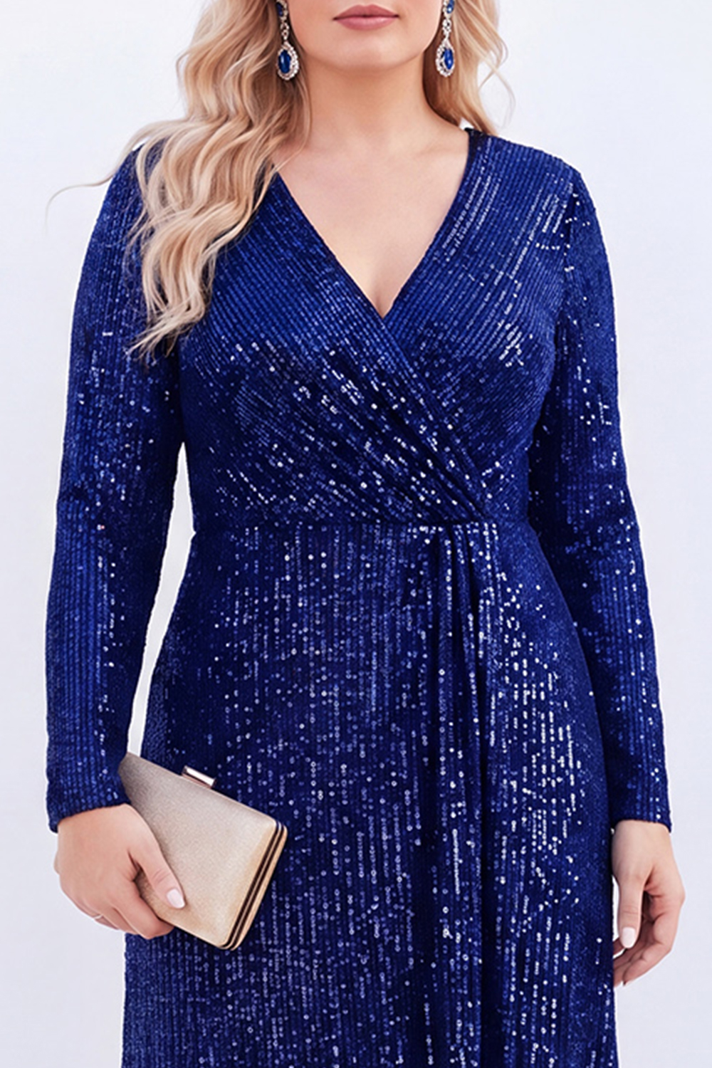 Sparkly Black V-Neck Sequins Plus Size Long Mother of the Bride Dress with Long Sleeves 