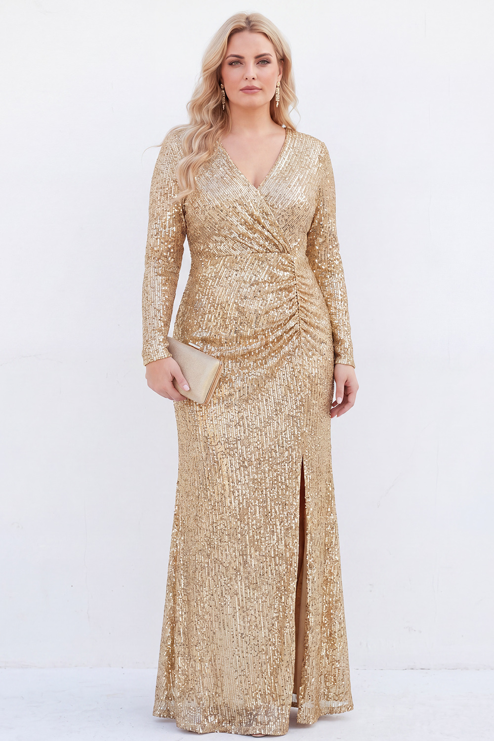 Sparkly Black V-Neck Sequins Plus Size Long Mother of the Bride Dress with Long Sleeves 