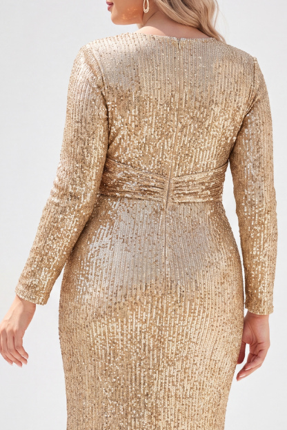 Sparkly Black V-Neck Sequins Plus Size Long Mother of the Bride Dress with Long Sleeves 