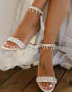 White Thick Heel Tassels Rhinestones Bridal Shoes