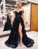 A Line Off the Shoulder Fuchsia Long Prom Dress with Appliques
