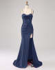Burgundy Satin Long Sheath Prom Dress with Split