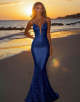 Dark Navy Sparkly Spaghetti Backless Mermaid Long Prom Dress