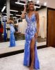 Blue Mermaid V-neck Tulle Glitter Appliques Prom Dresses With Slit