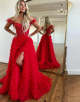 Cute Off the Shoulder Long Prom Dress with Split