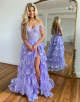 Sky Blue A-Line V Neck Tiered Long Prom Dress With Slit