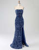 Sheath Strapless Tight Sequin Side Slit Prom Dress with Backless
