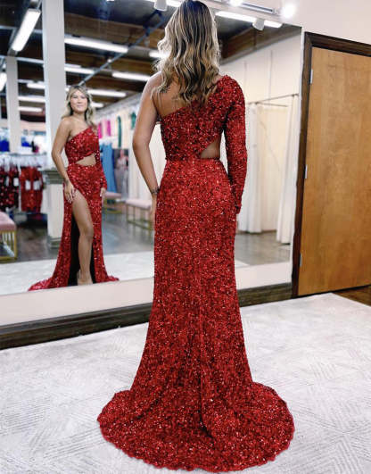 Long Red Sequin Prom Dress with Split