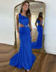 Royal Blue One Shoulder Cutout Waist Long Satin Mermaid Prom Dress With Beading