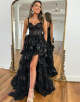 Royal Blue A-Line V Neck Tiered Long Prom Dress With Slit