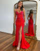Sparkly Red Beaded Spaghetti Straps Long Prom Dress With Slit