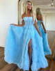 Blue A-Line Off The Shoulder Tiered Long Prom Dress With Slit