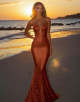 Sparkly Rust Spaghetti Straps Backless Mermaid Long Prom Dress