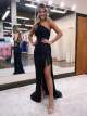 Black One Shoulder Sequin Prom Dress with Tassels