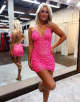 Sparkly Fuchsia Sequin V Neck Backless Homecoming Dress