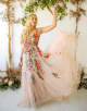 Champagne V Neck Flower A Line Long Prom Dress