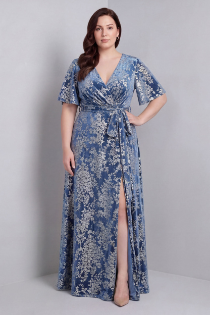 Dark Green A-Line Burnout Velvet V-Neck Short Sleeves Long Mother Of Bride Dress with Slit