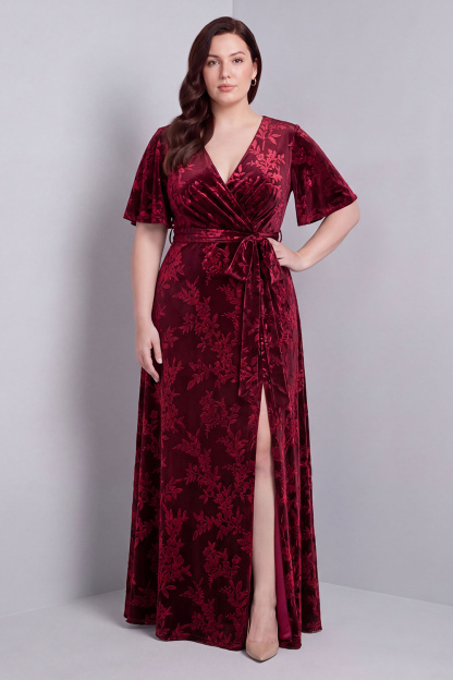 Dark Green A-Line Burnout Velvet V-Neck Short Sleeves Long Mother Of Bride Dress with Slit