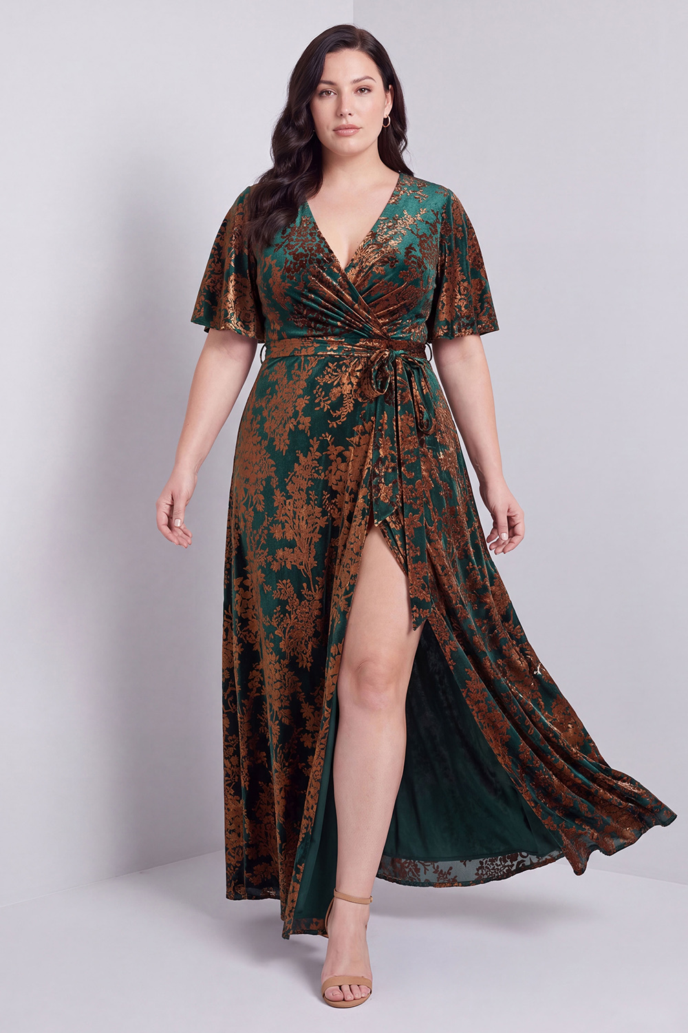 Dark Green A-Line Burnout Velvet V-Neck Short Sleeves Long Mother Of Bride Dress with Slit